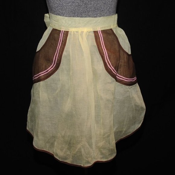 Vintage 50s Yellow Organza Fancy Hostess Apron Brown Circle Pockets w/ Rick Rack - Picture 8 of 8